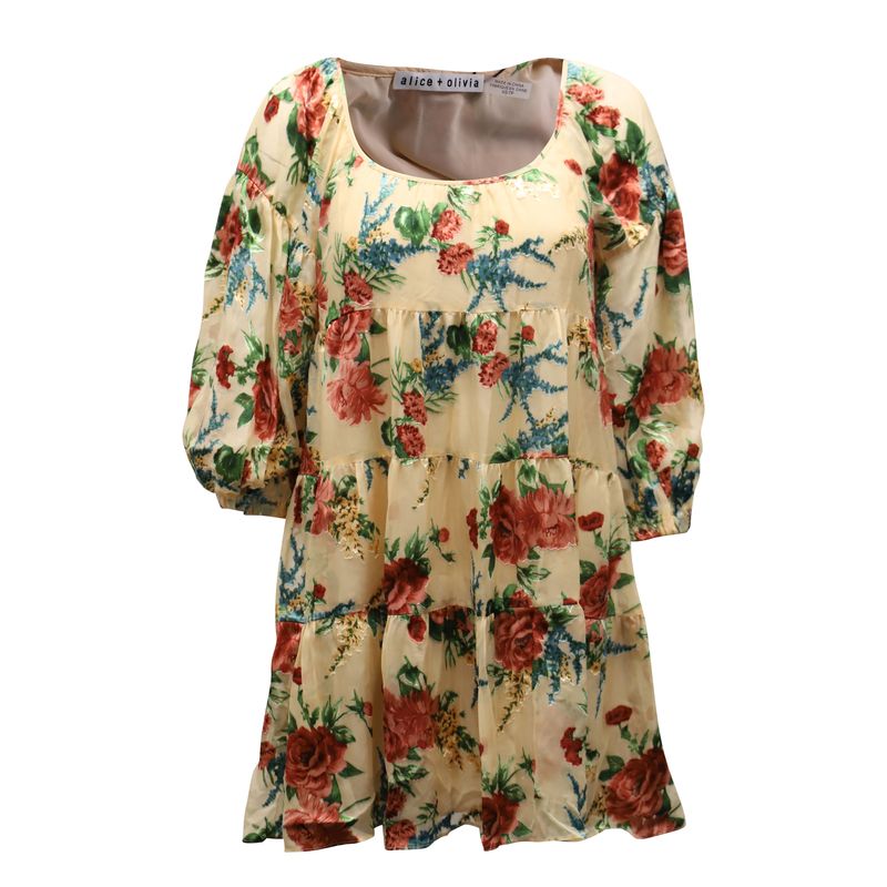 Alice + Olivia Floral Puff Sleeve Dress In Beige Viscose